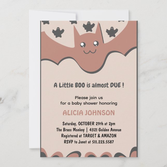 Cute flying bat Little boo Halloween baby shower  Invitation (Front)