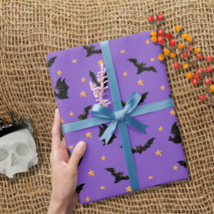 Cute Flying Bats and Stars Pattern Halloween Wrapping Paper