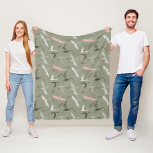 Cute flying birds on sage green pattern fleece blanket