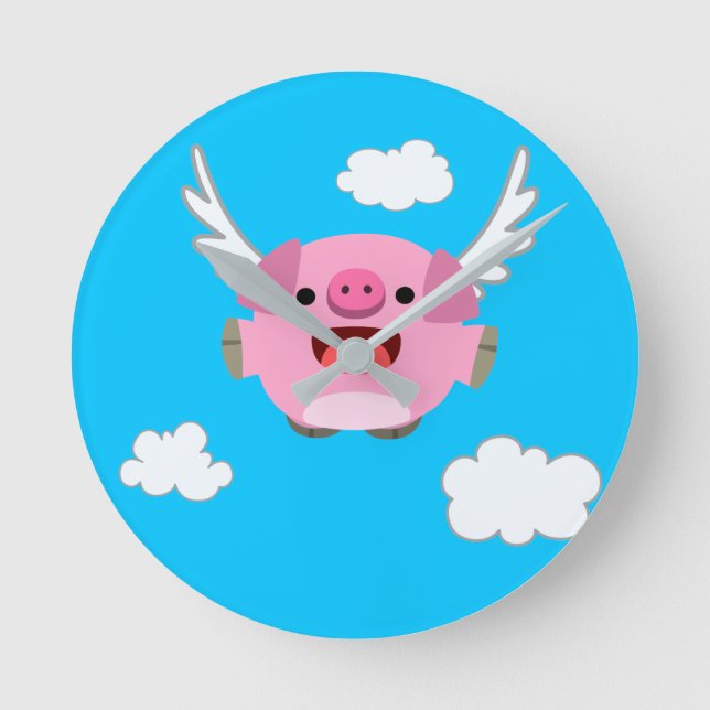 Cute Flying Cartoon Pig Round Clock (Front)