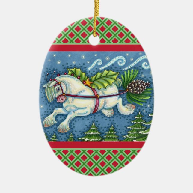 CUTE FLYING CHRISTMAS PONY PULLING PINECONE SLEIGH CERAMIC TREE DECORATION (Front)