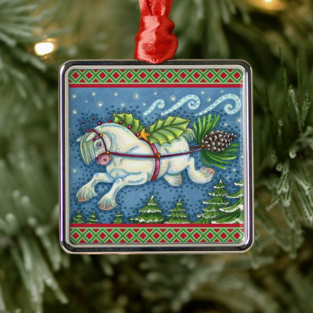 CUTE FLYING CHRISTMAS PONY PULLING PINECONE SLEIGH METAL TREE DECORATION (Tree)