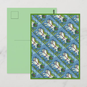 CUTE FLYING CHRISTMAS PONY PULLING PINECONE SLEIGH POSTCARD