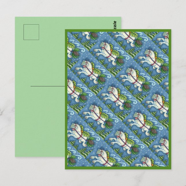CUTE FLYING CHRISTMAS PONY PULLING PINECONE SLEIGH POSTCARD (Front/Back)