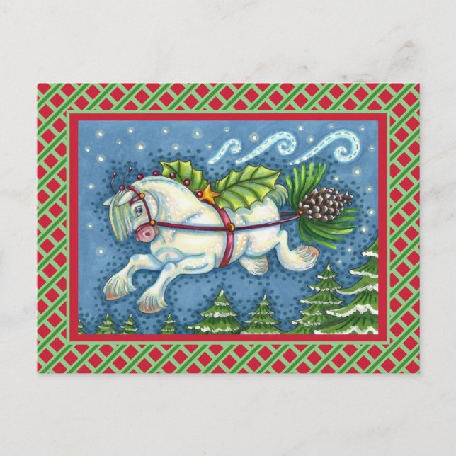 CUTE FLYING CHRISTMAS PONY PULLING PINECONE SLEIGH POSTCARD (Front)