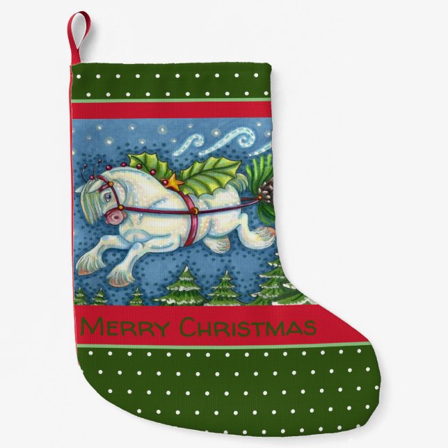 CUTE FLYING CHRISTMAS PONY PULLING PINECONE SLEIGH SMALL CHRISTMAS STOCKING (Front)