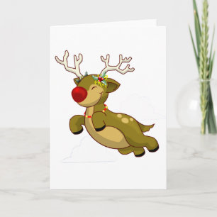 Cute Flying Christmas Reindeer With Clouds Holiday Card