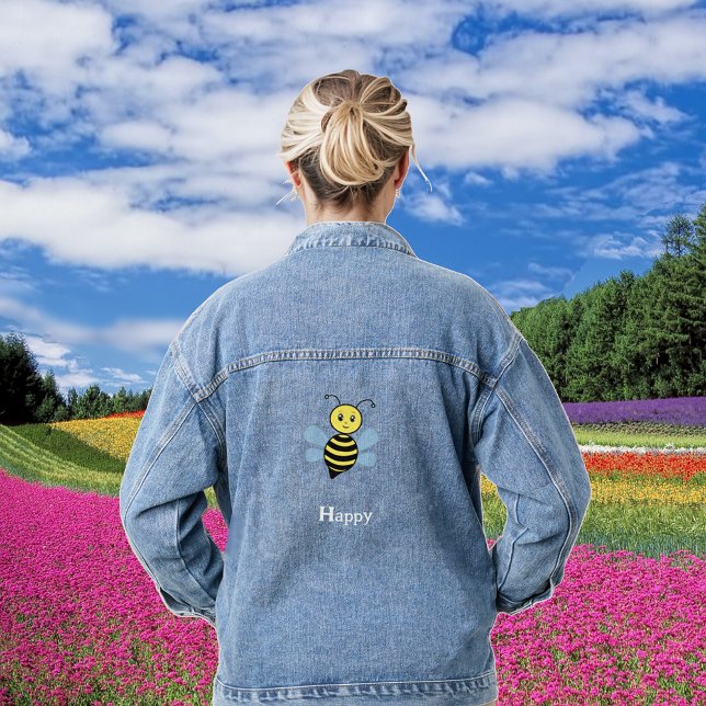 Cute Flying Happy Bumblebee Cartoon Denim Jacket (Creator Uploaded)
