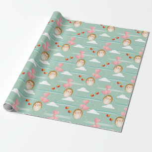 Cute Flying Hedgehog Love Pattern Wrapping Paper