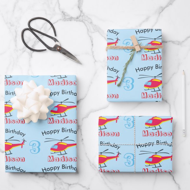 Cute Flying Helicopter Birthday Name & Age Wrapping Paper Sheet (Front)