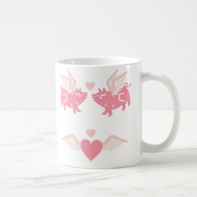 Cute Flying  Kissing Winged Pink  Pigs Hearts Coffee Mug (Right)