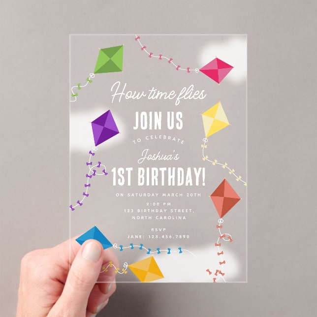 Cute Flying Kites Kids How Time Flies Birthday  Acrylic Invitations (Insitu (Handheld))