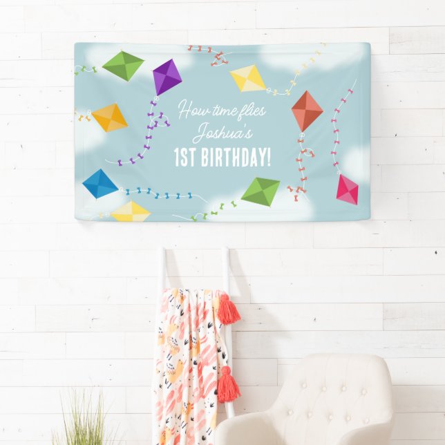 Cute Flying Kites Kids How Time Flies Birthday Banner (Insitu)
