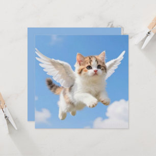 Cute Flying Kitten Calico Tabby Blue Sky Card