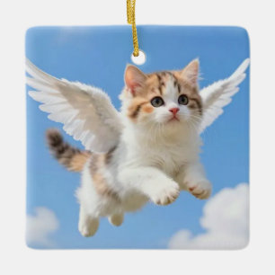 Cute Flying Kitten Calico Tabby Blue Sky Ceramic Ornament