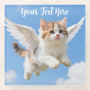 Cute Flying Kitten Calico Tabby Blue Sky Glass Coaster