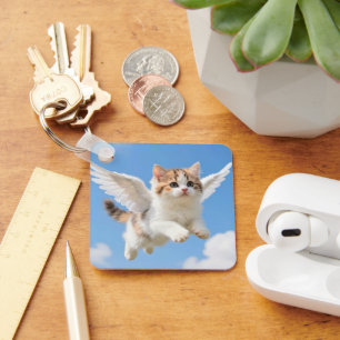 Cute Flying Kitten Calico Tabby Blue Sky Key Ring