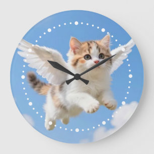 Cute Flying Kitten Calico Tabby Blue Sky Large Clock