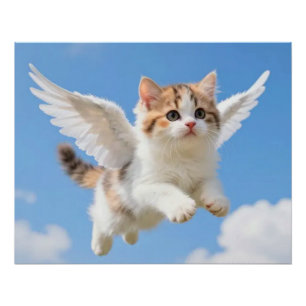 Cute Flying Kitten Calico Tabby Blue Sky Poster