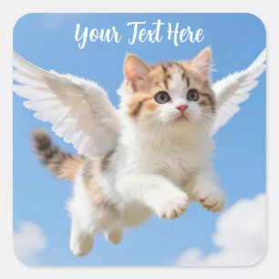 Cute Flying Kitten Calico Tabby Blue Sky Square Sticker