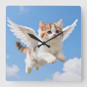 Cute Flying Kitten Calico Tabby Blue Sky Square Wall Clock