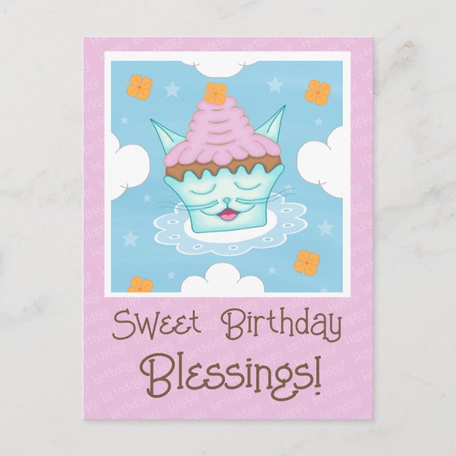 Cute Flying Kitty Cat Face Cupcake Birthday  Postcard (Front)