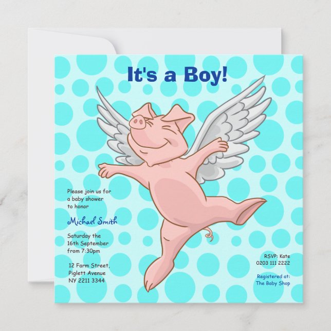 Cute Flying Pig Baby Shower Party Invitation (Front)