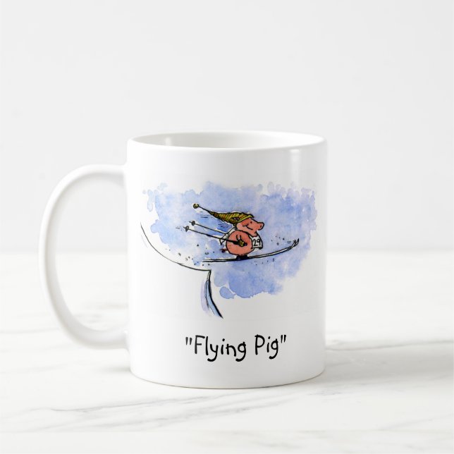 Cute Flying Pig - Cool Ski Jumping Pig Custom Coffee Mug (Left)