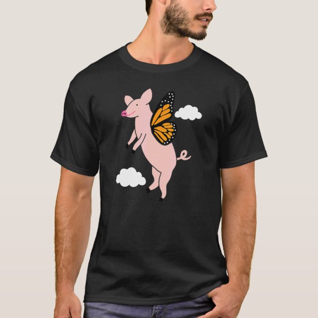 Cute Flying Pig with Butterfly Wings Graphic T-Shirt (Front)
