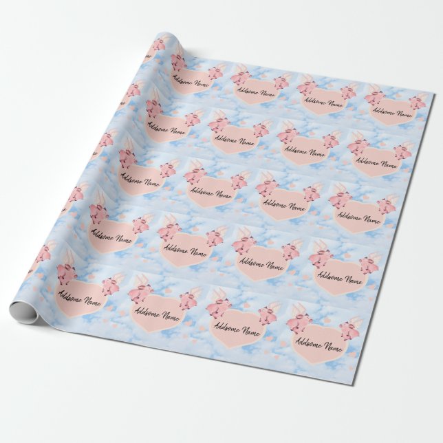 Cute Flying Pig with Wings When Pigs Fly Sky Wrapping Paper (Unrolled)