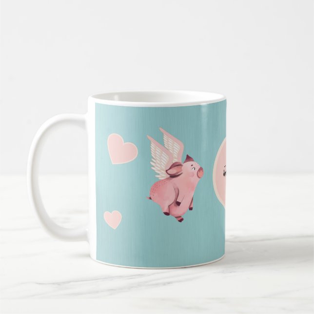 Cute Flying Pig with Wings When Pigs Fly Teal Coffee Mug (Left)