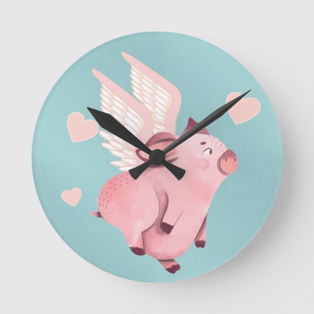 Cute Flying Pig with Wings When Pigs Fly Teal Round Clock (Front)