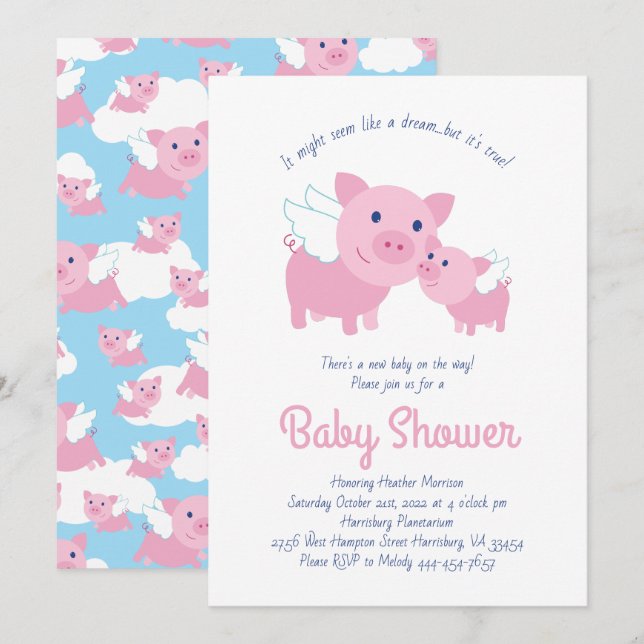 Cute Flying Pigs Baby Shower Invitation (Front/Back)