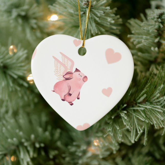 Cute Flying Pink Pig with Wings Ceramic Tree Decoration (Tree)