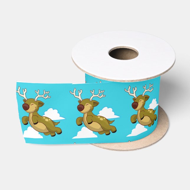 Cute Flying Reindeer with White Clouds Satin Ribbon (Spool)