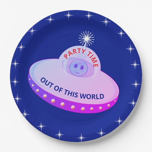 Cute flying saucer, alien & stars on royal blue paper plate (Front)