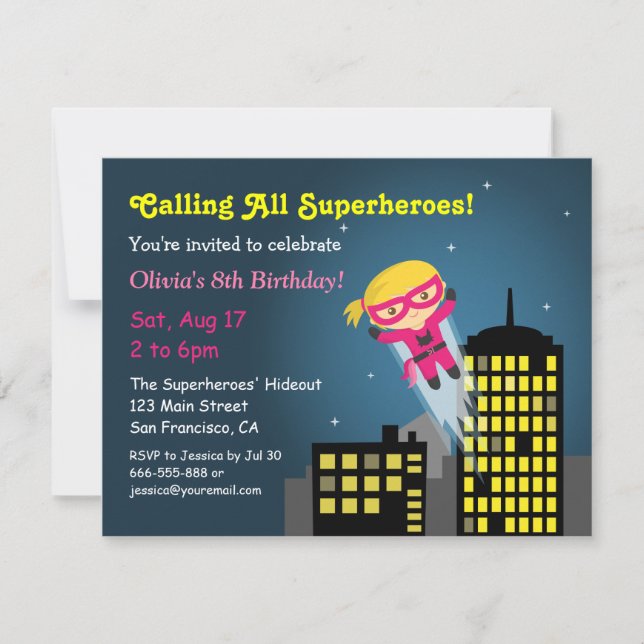 Cute Flying Superhero Girl Girls Birthday Party Invitation (Front)