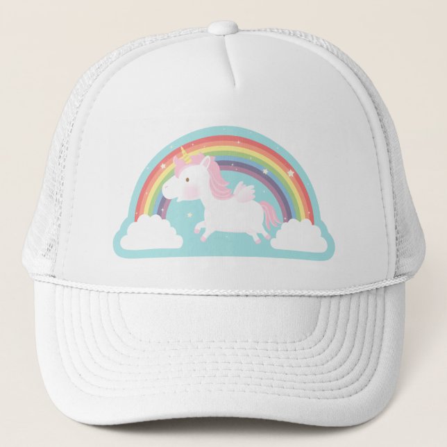 Cute Flying Unicorn and Rainbow Girls Hat (Front)