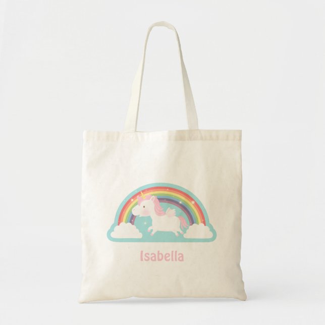 Cute Flying Unicorn and Rainbow Girls Tote Bag (Front)