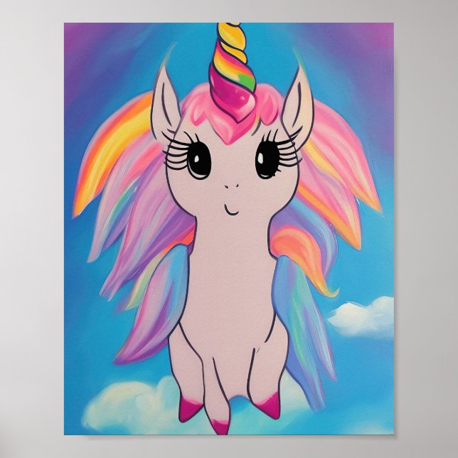 Cute Flying Unicorn Kawaii Painting Poster (Front)