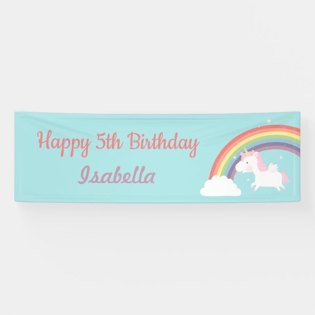 Cute Flying Unicorn Rainbow Birthday Party Banner (Horizontal)