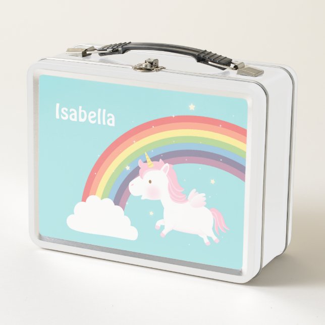 Cute Flying Unicorn Rainbow Girls Personalised Metal Lunch Box (Front)