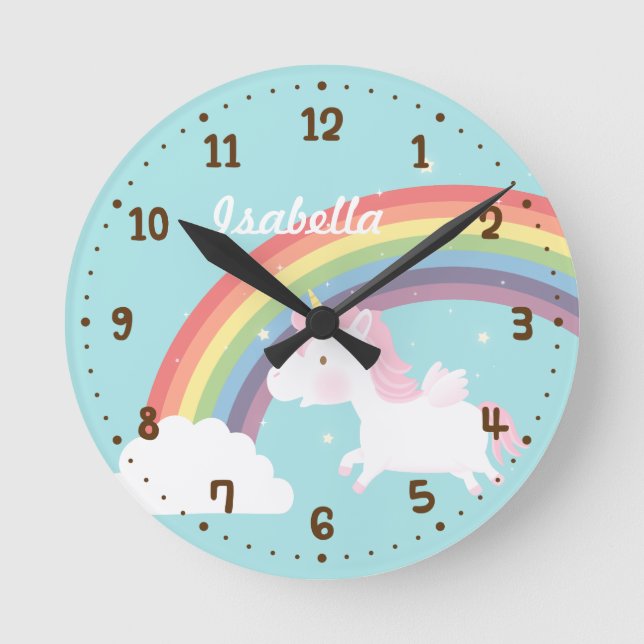 Cute Flying Unicorn Rainbow Girls Room Decor Round Clock (Front)