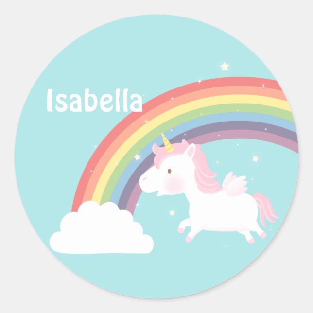 Cute Flying Unicorn Rainbow Personalised Classic Round Sticker (Front)