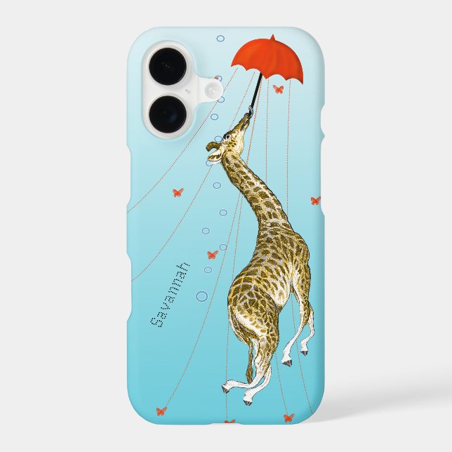 Cute Flying Vintage Giraffe with Umbrella on Aqua (Back)