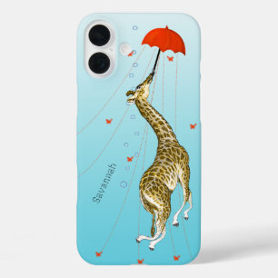 Cute Flying Vintage Giraffe with Umbrella on Aqua iPhone 16 Plus Case