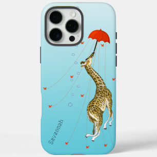 Cute Flying Vintage Giraffe with Umbrella on Aqua iPhone 16 Pro Max Case