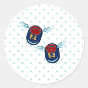Cute flying winged little baby shoes in blue & red classic round sticker