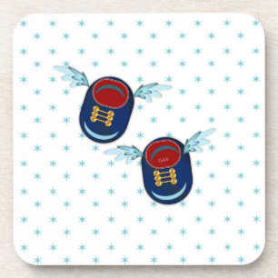 Cute flying winged little shoes in blue & red coaster