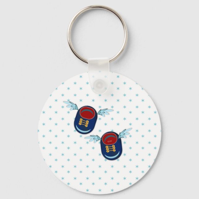 Cute flying winged little shoes in blue & red key ring (Front)
